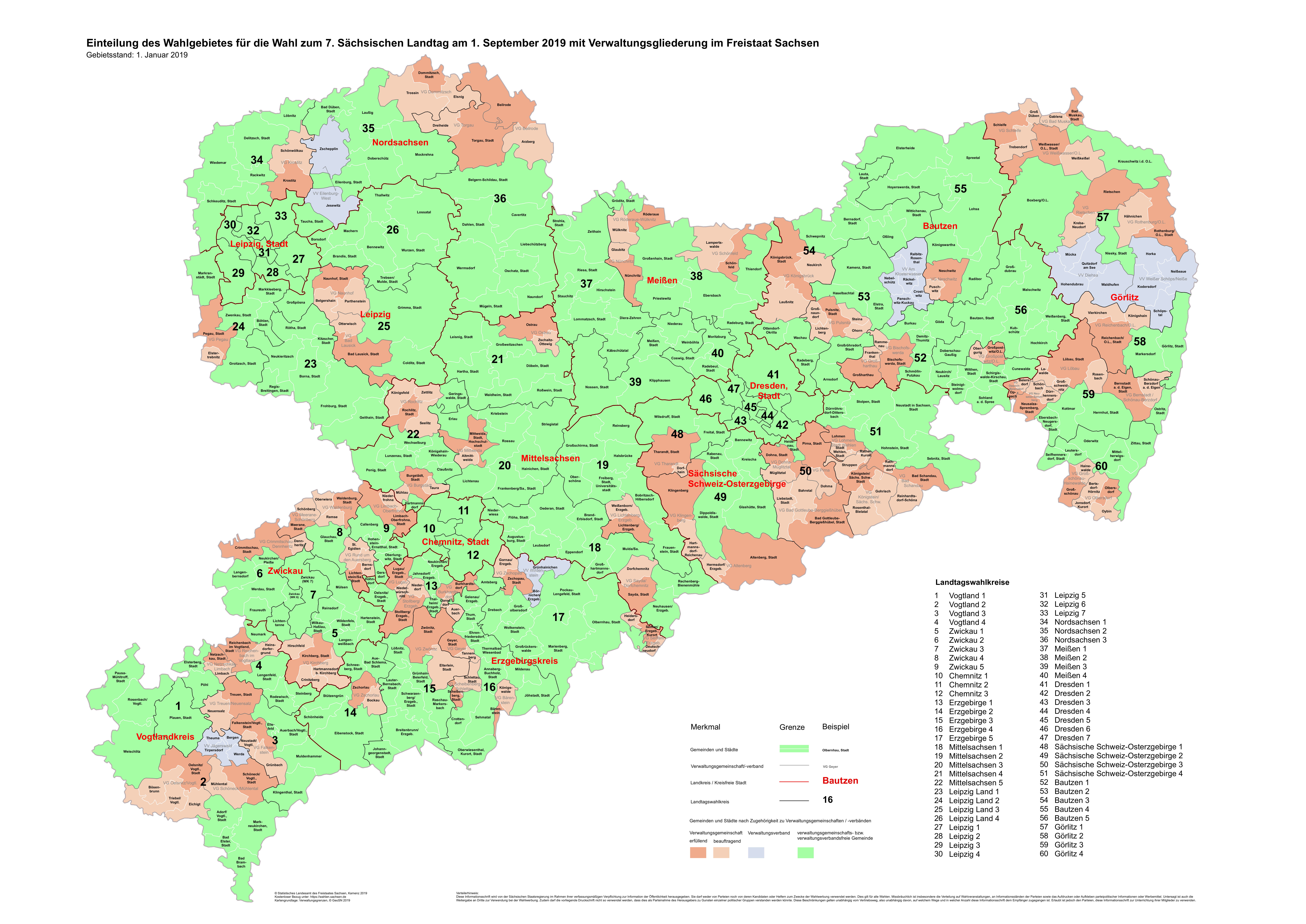 Liste Wahlkreise bei der Landtagswahl 2019 in Sachsen