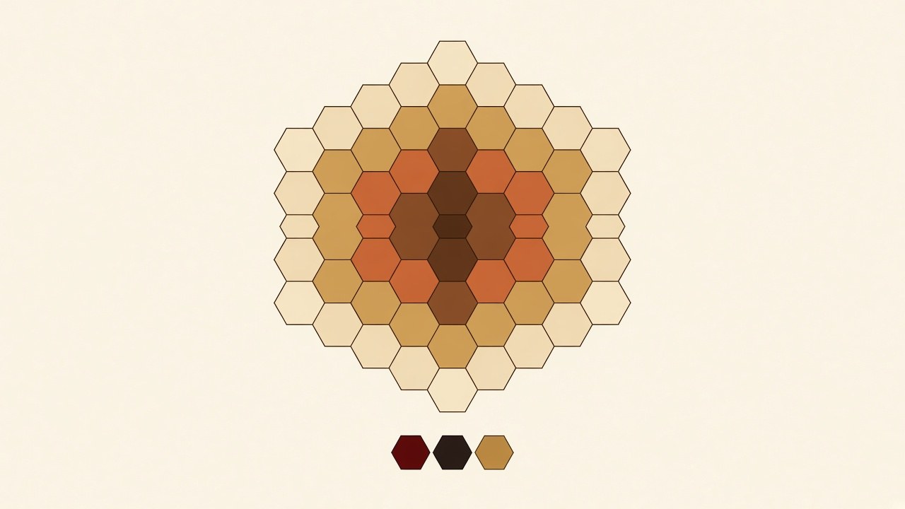 Abstrakte geometrische Illustration: ein symmetrisches Wabenmuster aus regelmäßigen Sechsecken mit dünnen braunen Linien, von Creme am Rand über Sand, Ocker und Terrakotta bis Braun in der Mitte, darunter drei kleine Sechsecke in Dunkelrot, Schwarz und Gold – Sinnbild für den geordneten Aufbau des Haushaltsplans nach Artikel 110 GG