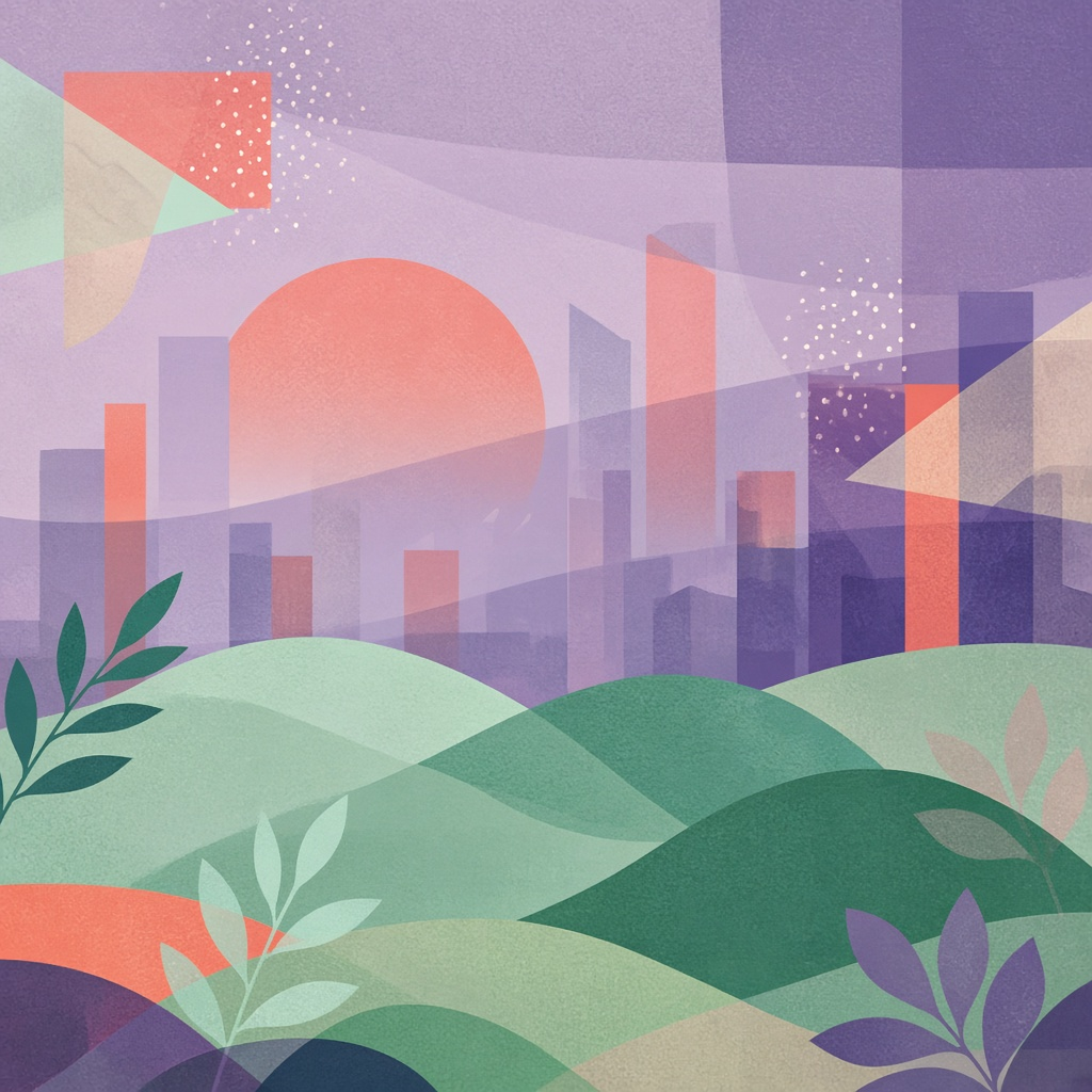 Abstrakte Illustration: sanfte grüne Hügel vor stilisierter, geometrischer Stadtsilhouette in Koralle und Violett