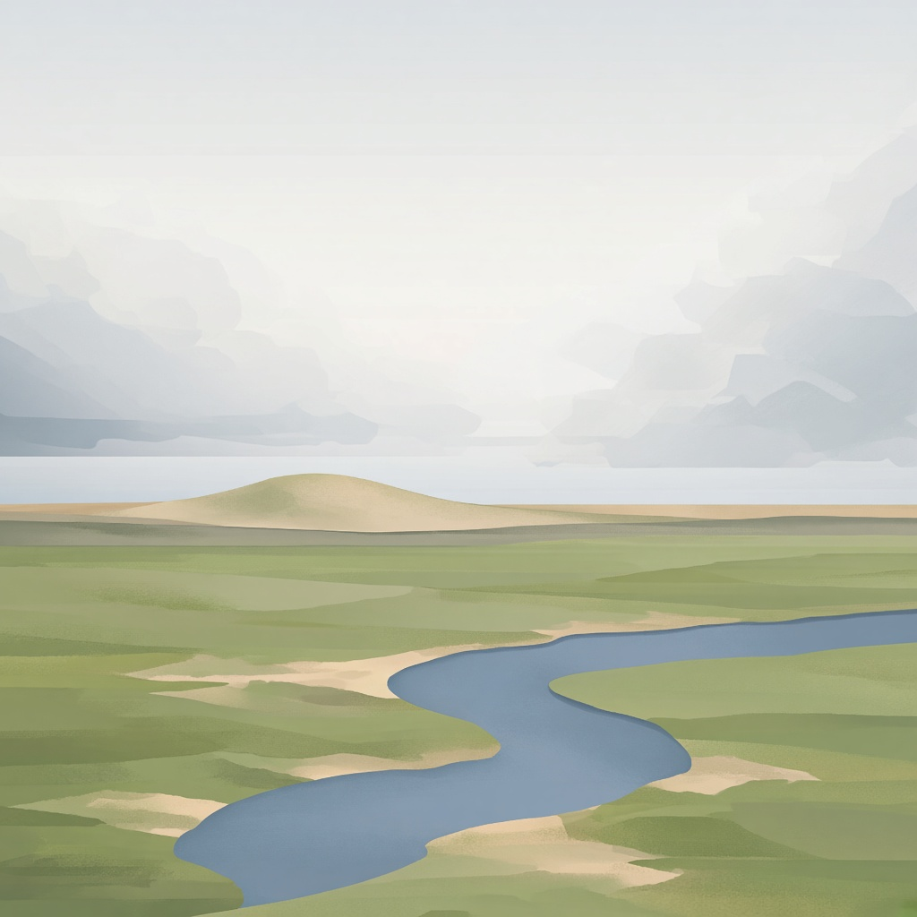 Abstrakte Illustration: flache grüne Marschlandschaft mit einem einzelnen sanften Hügel und einem blauen Fluss unter weitem Himmel