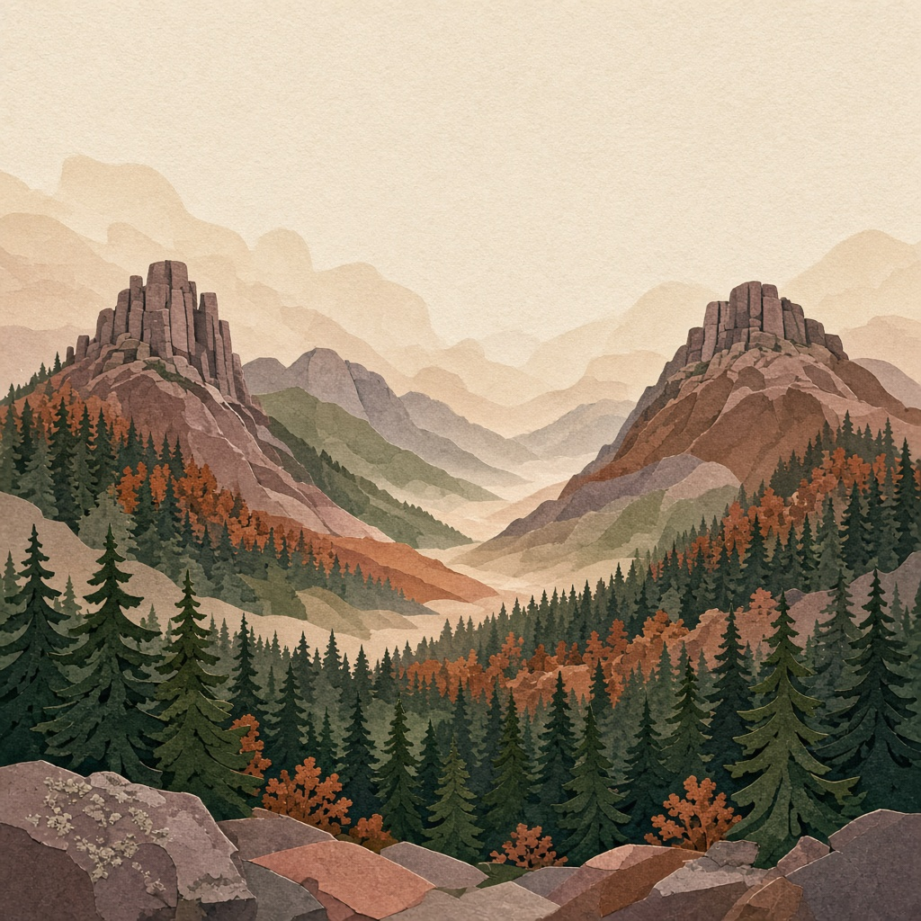 Abstrakte Illustration: Granitfelstürme auf bewaldeten Bergen in Rostrot, Waldgrün und Granitrosa im Herbstdunst