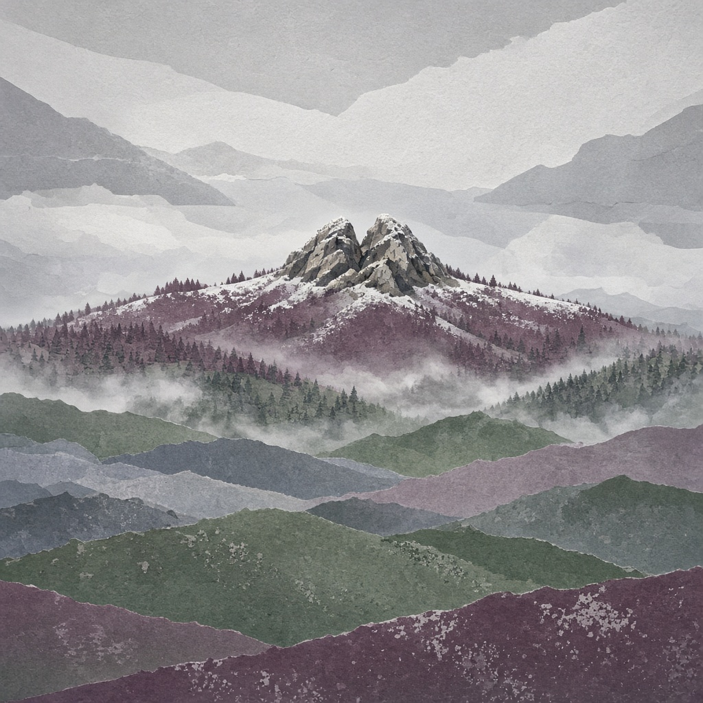 Abstrakte Illustration: Doppelgipfel mit Schneehauch über pflaumenfarbenen und salbeigrünen Bergrücken im Nebel