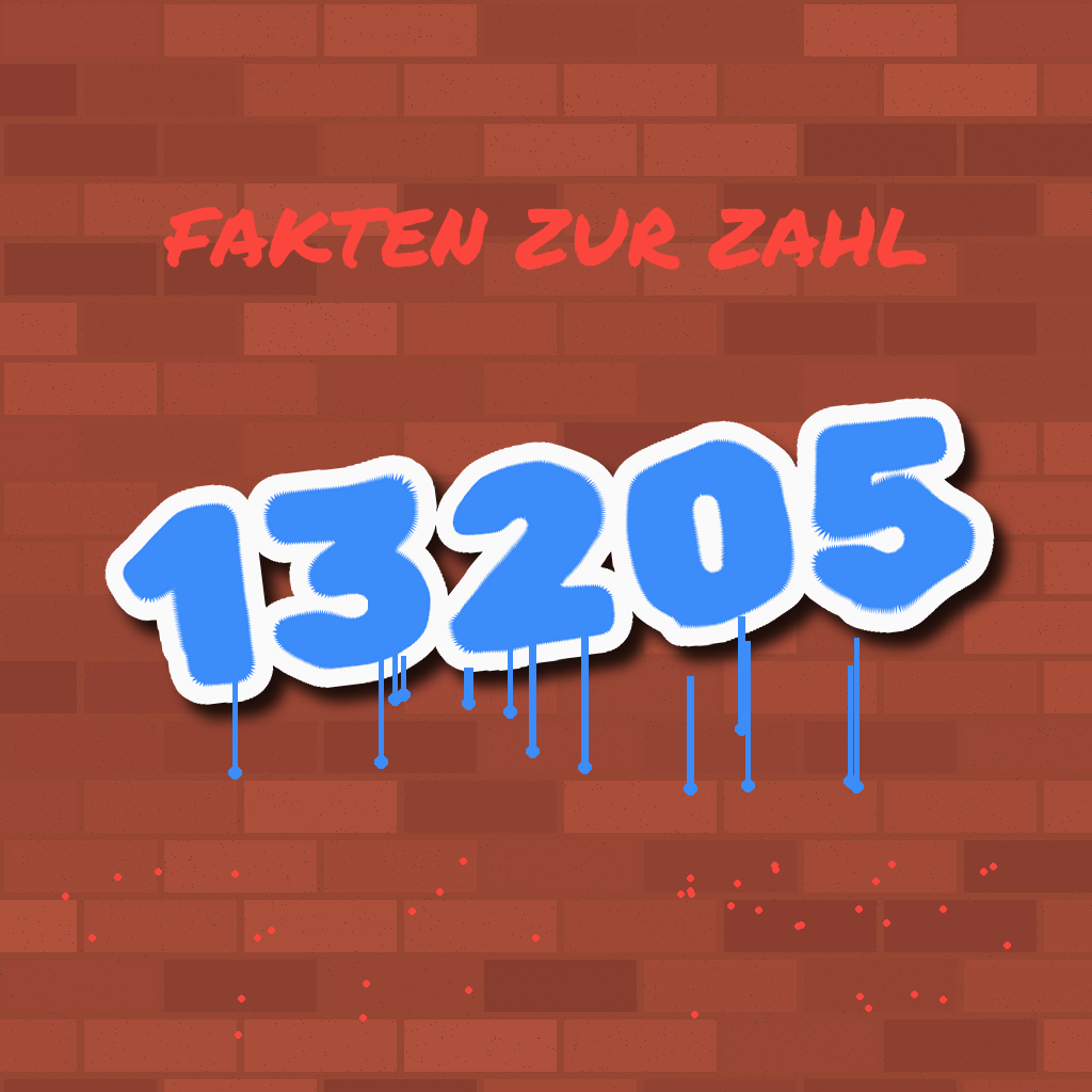 Bild zur Zahl 13205: Bunt gesprühtes Graffiti mit dicken Konturen und herablaufenden Farbnasen auf einer roten Backsteinmauer, in Ziegelrot, Blau, Weiß und Rot. Darauf steht die Zahl 13205.