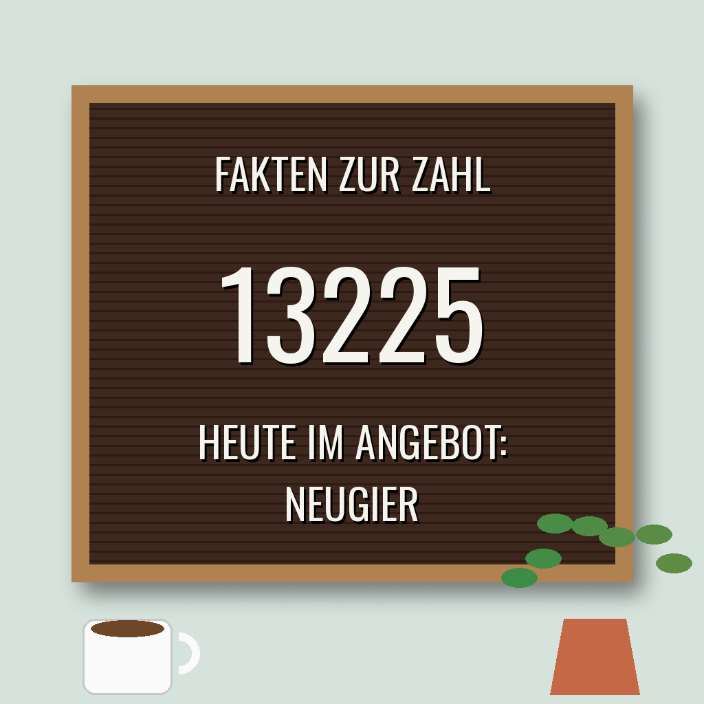 Bild zur Zahl 13225: Letterboard aus Filz mit weißen Steckbuchstaben in einem Holzrahmen, davor eine Topfpflanze und eine Kaffeetasse, in Schwarzfilz, Weiß, Holzbraun und Salbeigrün. Darauf steht die Zahl 13225.