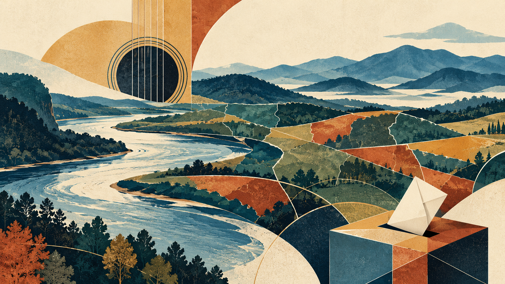 Abstrakte Landschaft Tennessees mit Fluss, Bergen, Gitarrenmotiv, angedeuteten Grenzlinien und Wahlurne.