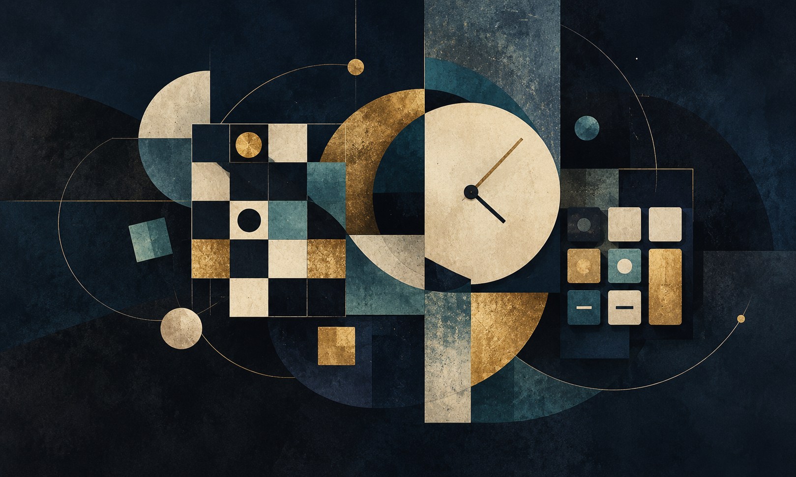 Abstrakte Collage aus Spielraster, Zifferblatt und Rechenformen in Dunkelblau, Gold und Türkis.