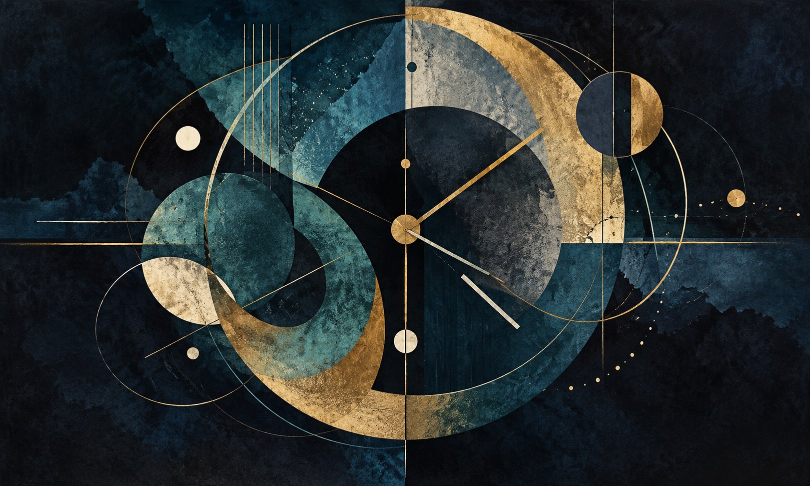 Überlagerte Zeitkreise, feine Zeiger und geometrische Flächen in Dunkelblau, Gold und Türkis.
