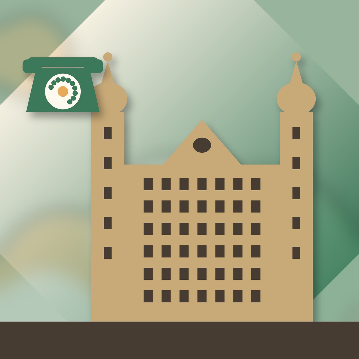 Abstrakte Illustration: das Augsburger Rathaus mit seinen Zwiebeltürmen, daneben ein stilisiertes Wählscheibentelefon
