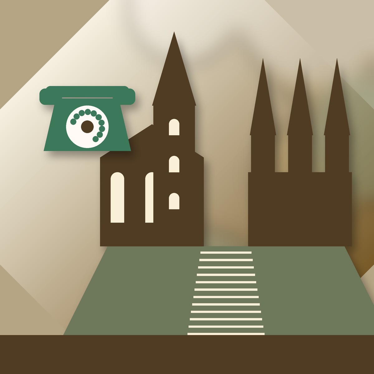 Abstrakte Illustration: der Erfurter Dom und die Severikirche über den Domstufen, daneben ein stilisiertes Wählscheibentelefon