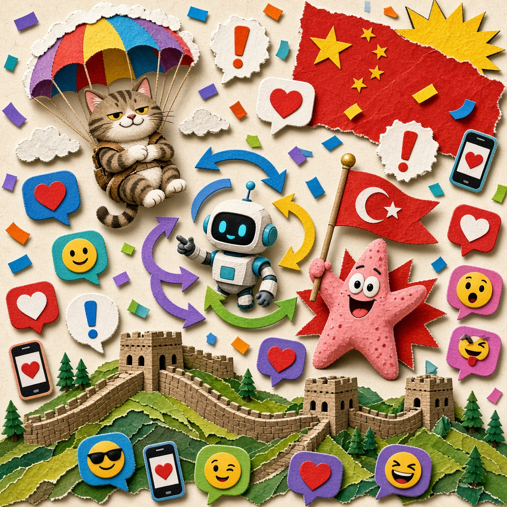 Lustige Papier-Collage: Katze am bunten Fallschirm, rosa Seestern mit türkischer Flagge, Roboter-Übersetzer, Große Mauer, chinesische Flagge und Emoji-Sprechblasen